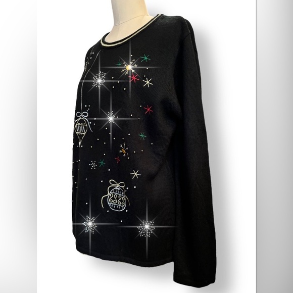 Ugly Christmas Sweater Black Ornaments Rhinestones Embroidery Womens Sz XL - Picture 7 of 11